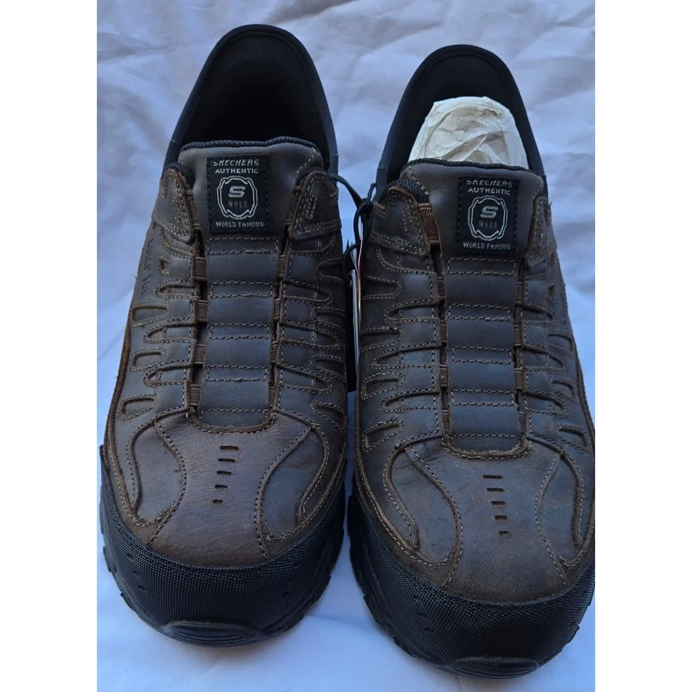 Skechers Work Hands Free Slip-ins Composite Toe Brown Leather Mens Wide Fit Shoe
